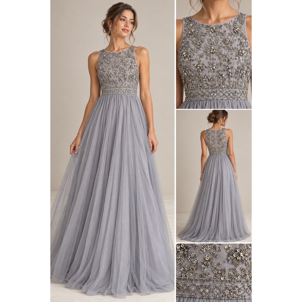 Adrianna Papell Gown Size 4 Gray Beaded Tulle Maxi Dress Formal Evening Prom